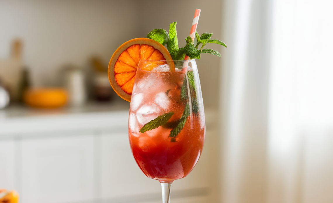 A refreshing blood orange mocktail spritzer served in a clear glass with ice, garnished with a slice of blood orange and a sprig of rosemary.
