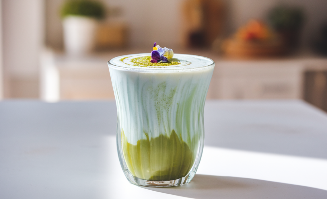 A vibrant cup of blue matcha tea, served with a frothy layer and surrounded by fresh ingredients.