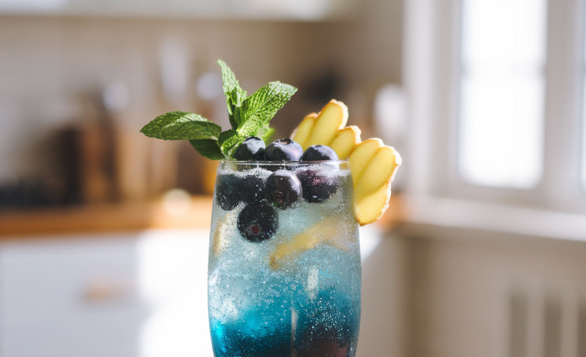 A refreshing Blueberry Ginger Sparkler Mocktail in a glass with blueberries and mint garnish on the rim, with sparkling bubbles rising to the top.