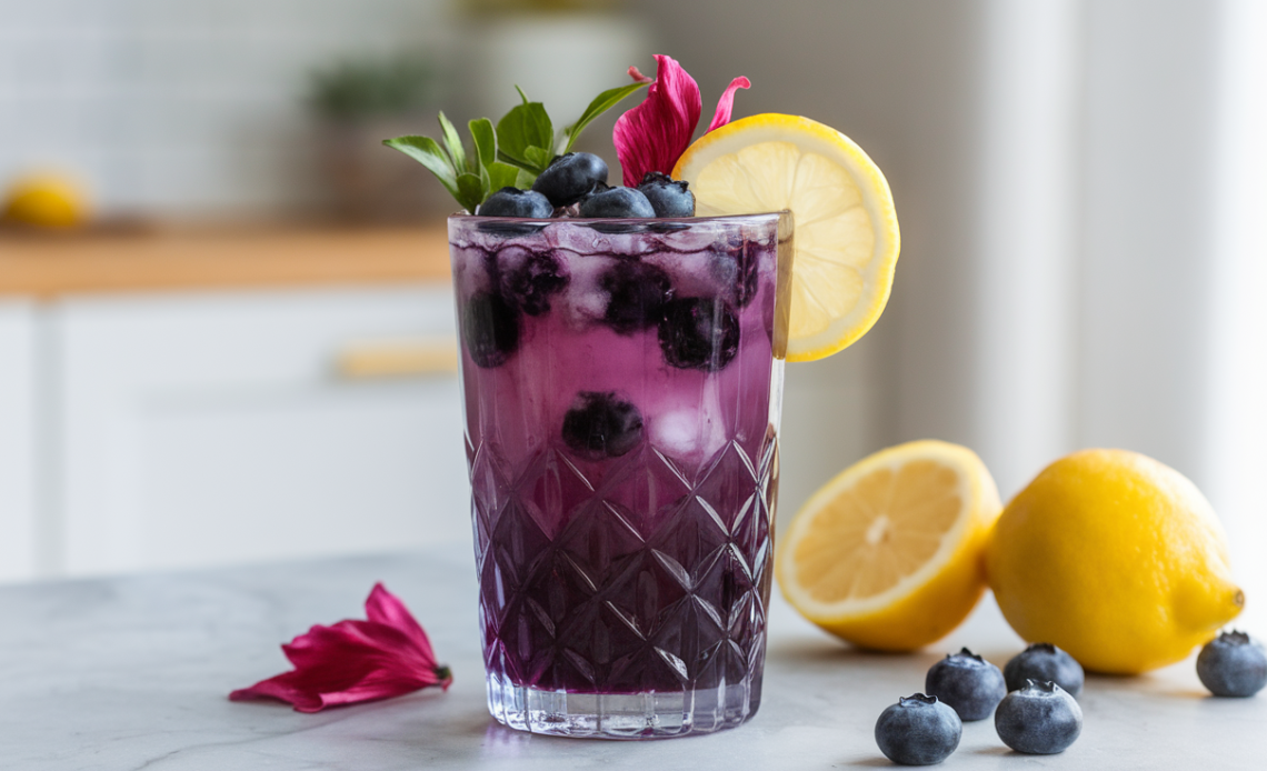 A refreshing glass of blueberry hibiscus lemonade, with vibrant purple hues, garnished with fresh lemon slices and a sprig of mint.