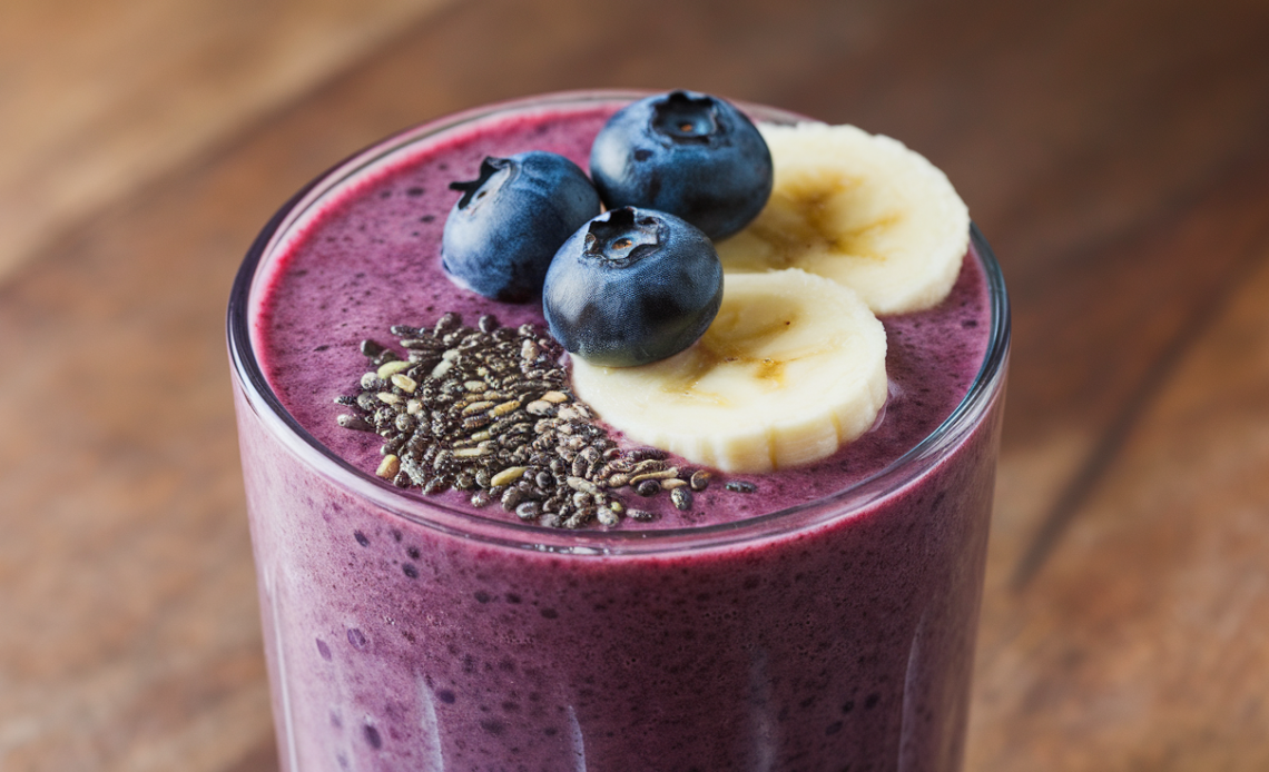 Blueberry smoothie with banana in a glass, topped with fresh blueberries and a slice of banana.