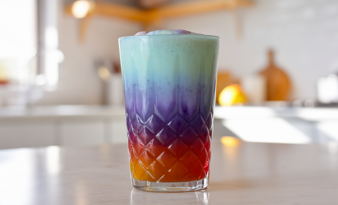 A vibrant, purple-blue drink made from Butterfly Pea and Rosella, served in a clear glass with a garnished flower, surrounded by a cosmic-themed backdrop.