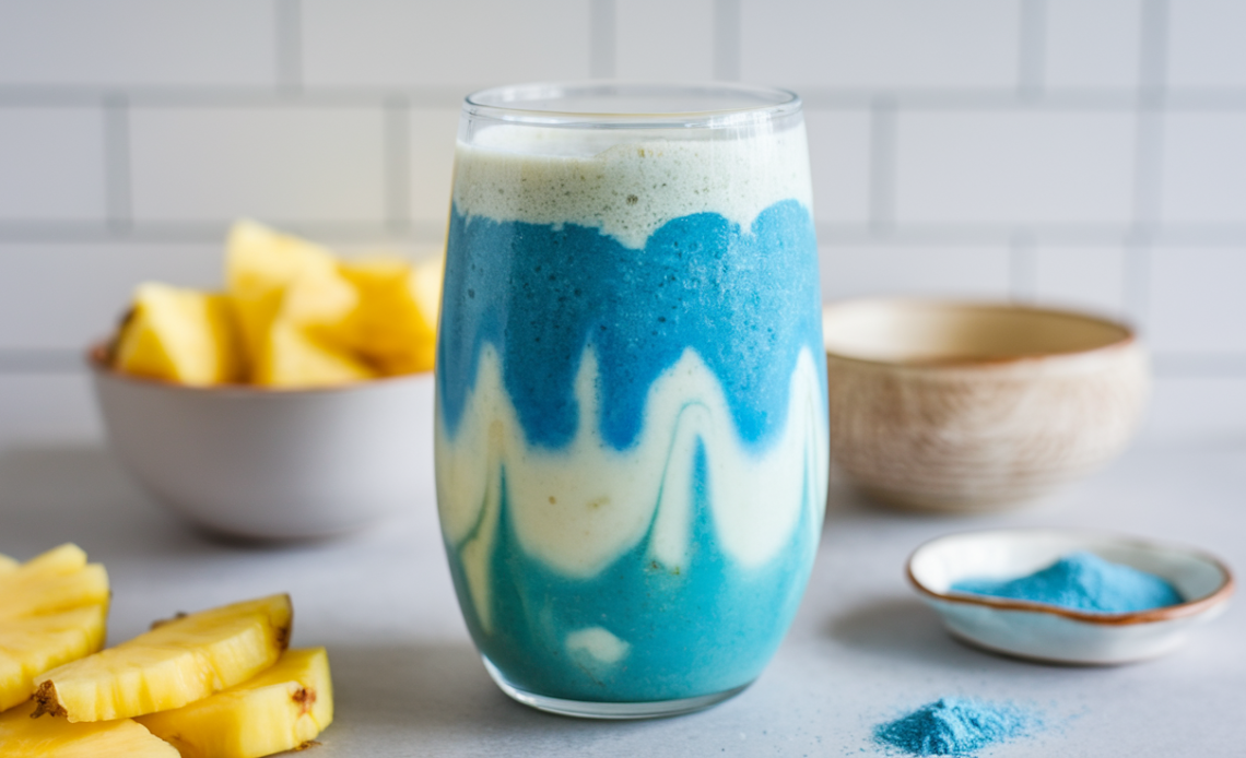 Refreshing Coconut Cloud Smoothie with coconut milk, fresh fruit, and ice, served in a glass with a slice of coconut on top.