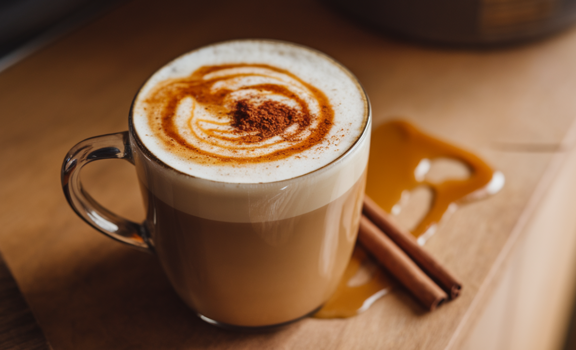 A steaming cup of Caramel Chai Tea Latte with a drizzle of caramel on top, surrounded by warm spices.