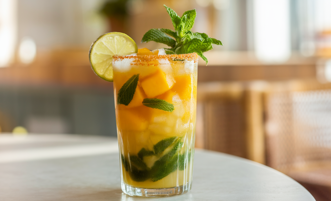 A refreshing Chilly Mango Mojito in a clear glass with ice, fresh mint leaves, and a slice of mango garnished with a lime wedge.