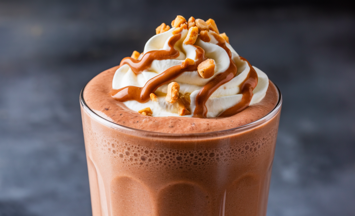 A creamy chocolate peanut butter smoothie topped with a sprinkle of cocoa powder and a few crushed peanuts, served in a glass with a straw.