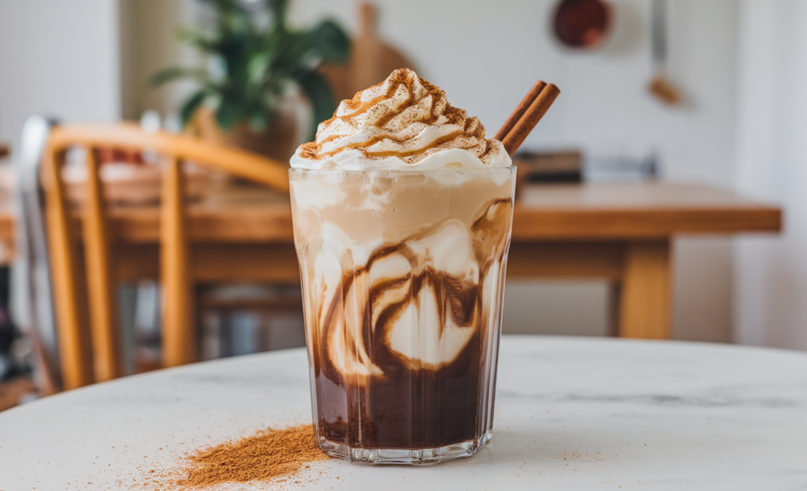 Glass of iced coffee topped with whipped cream and cinnamon, surrounded by cinnamon sticks and a cinnamon roll.