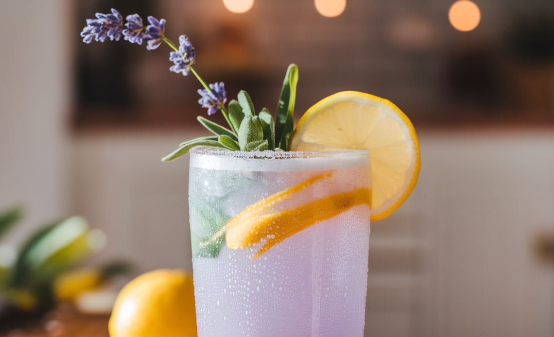 A refreshing Coconut Lavender Lemonade Mocktail served in a glass, garnished with lavender sprigs, lemon slices, and a tropical coconut rim.