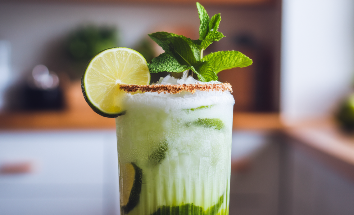 A refreshing glass of Coconut Lime Refresher with a slice of lime and a sprig of mint, surrounded by coconut flakes and ice cubes.