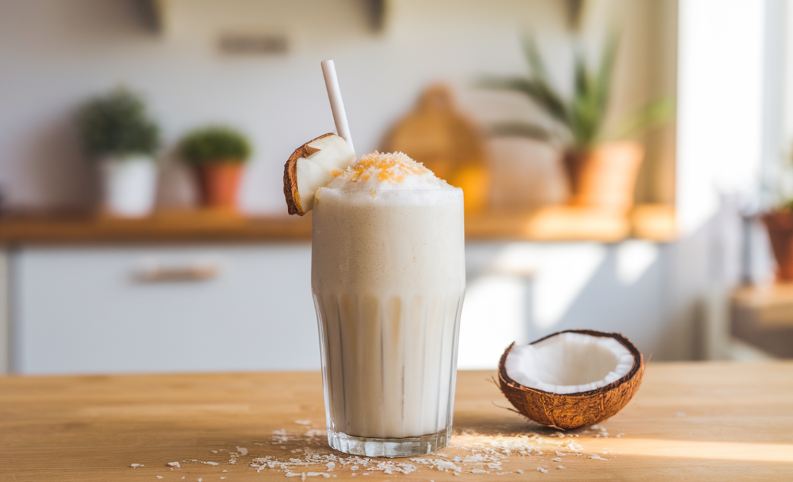 A refreshing coconut shake made with just three simple ingredients: coconut milk, ice cream, and sugar, served in a glass with a straw and garnished with shredded coconut.