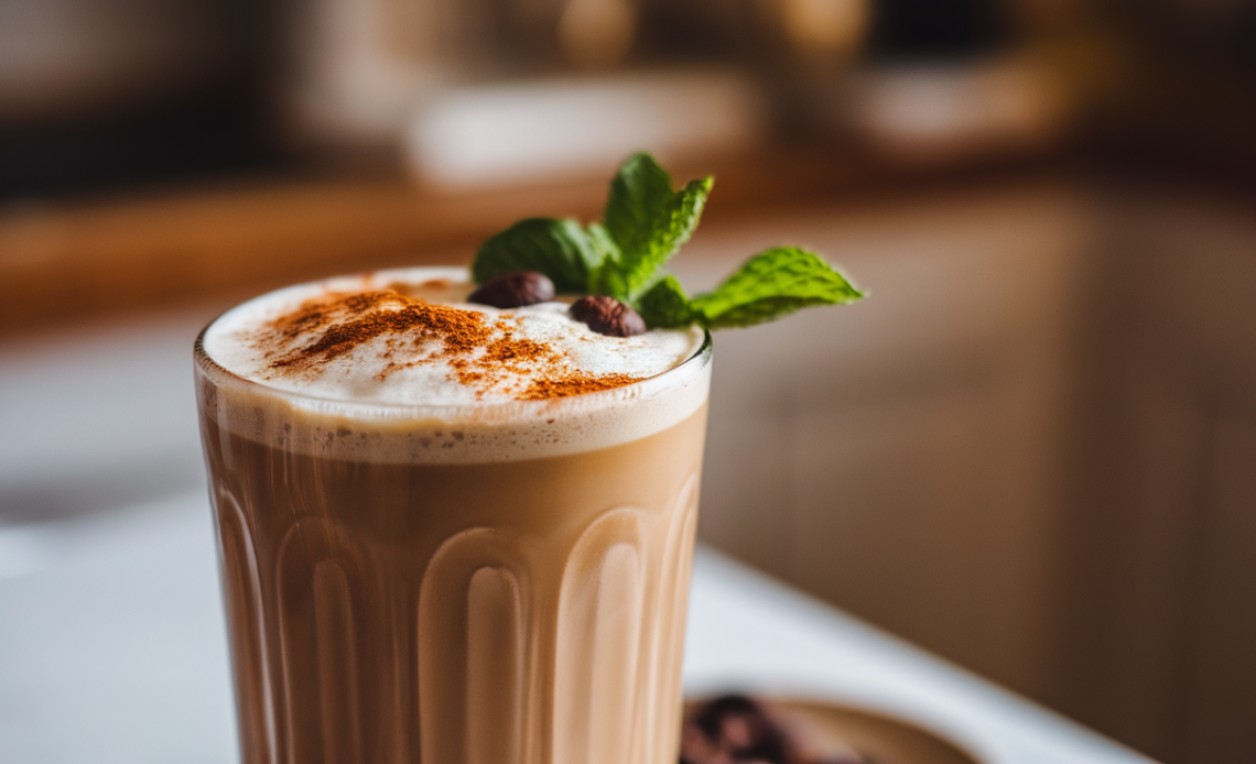 A refreshing glass of Coffee Lassi with a frothy top, garnished with coffee beans, served in a tall glass with a straw.