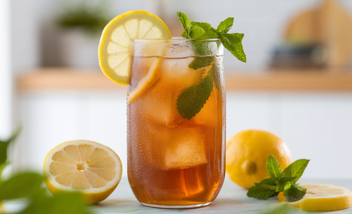 A glass pitcher of cold brew iced tea with lemon slices and mint, next to a glass filled with ice and tea.