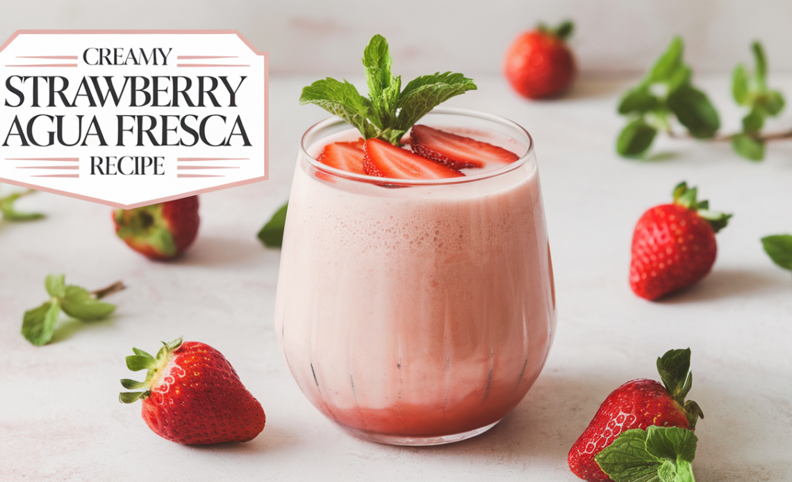 Glass of refreshing creamy strawberry agua fresca served with fresh strawberries and a slice of lime.