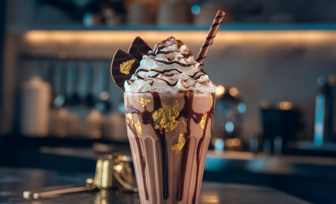 Tall glass of rich chocolate milkshake topped with whipped cream, chocolate drizzle, and a golden Dubai skyline-themed decoration.
