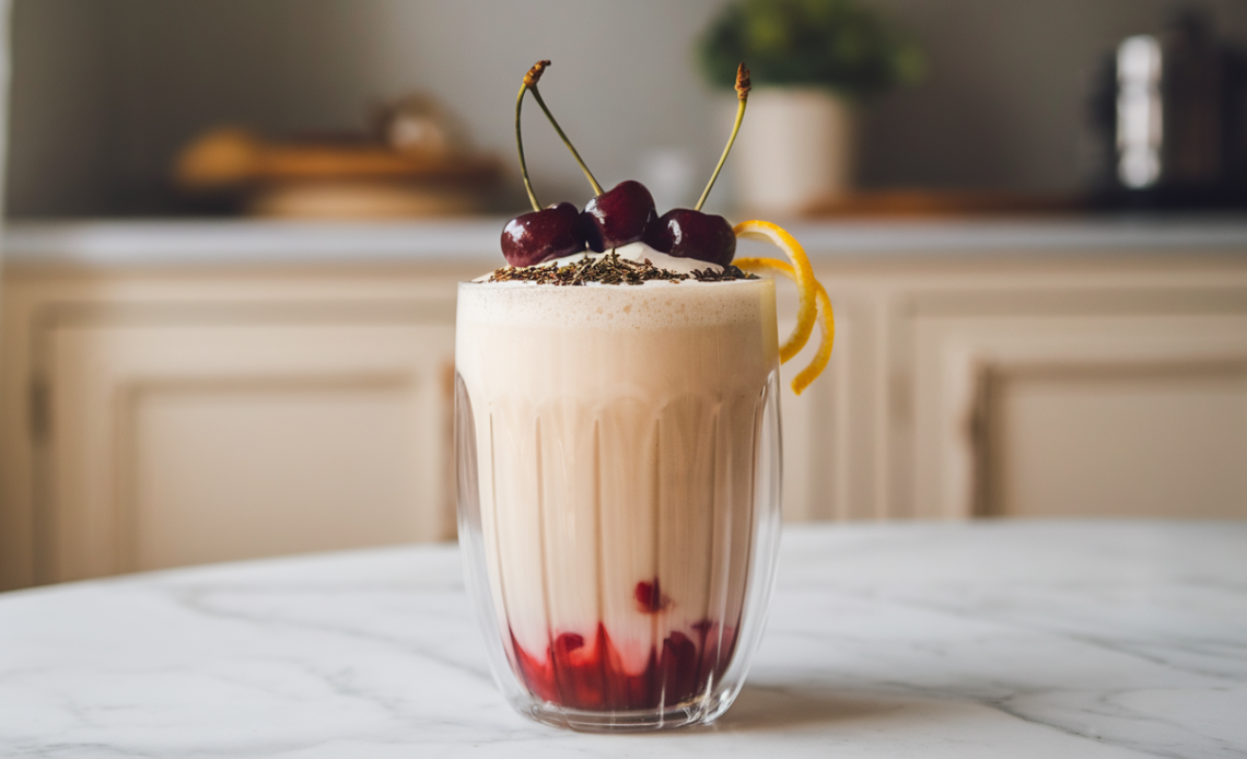 A glass of cherry Earl Grey milk tea topped with whipped cream and garnished with cherries.