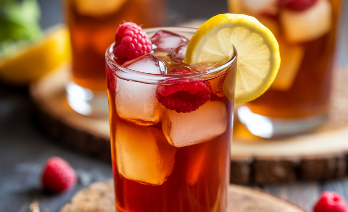 A refreshing glass of Earl Grey Raspberry Iced Tea with fresh raspberries and a slice of lemon, garnished with a sprig of mint.
