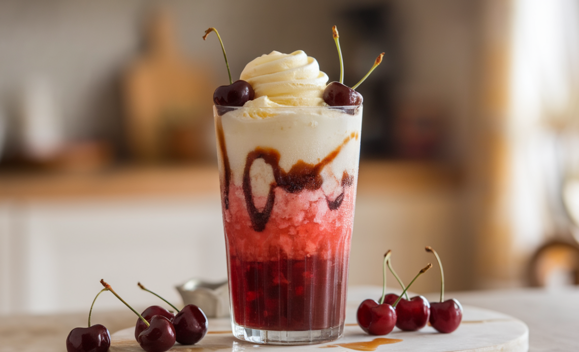 A refreshing frozen cherry vanilla cola, topped with a cherry garnish, served in a tall glass with a straw.