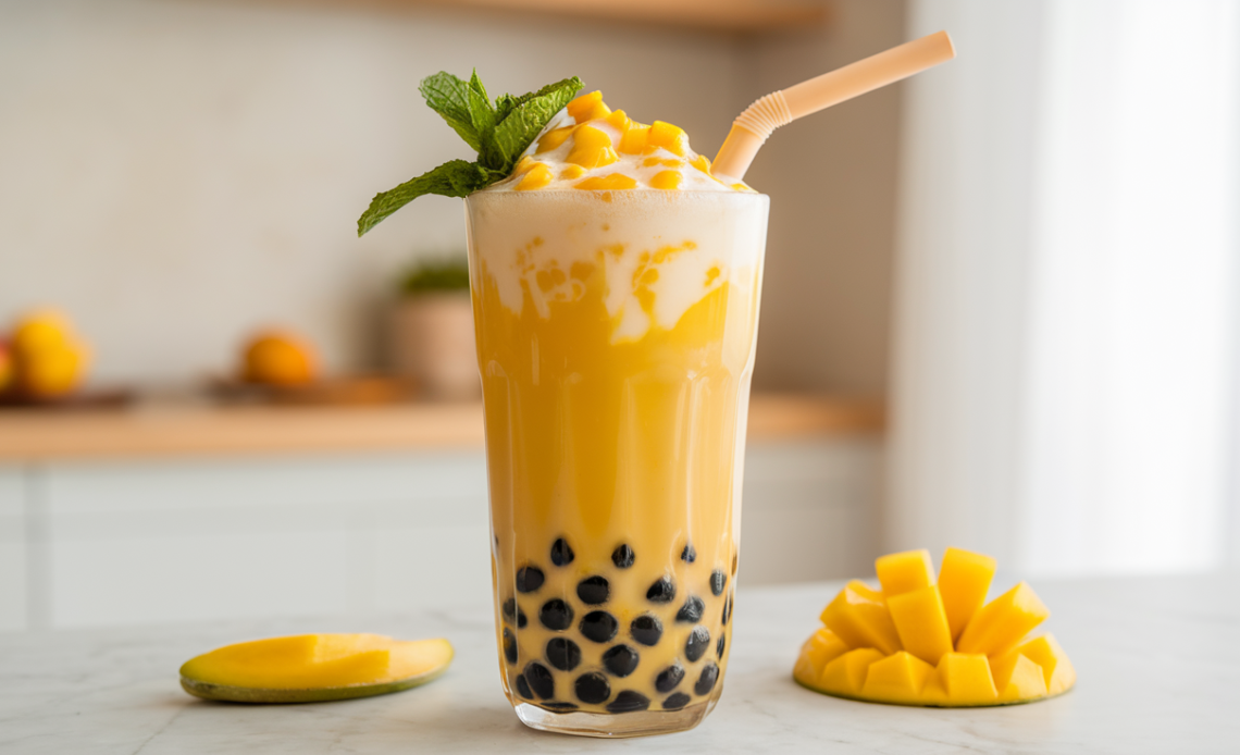 A tall glass of mango bubble tea with black tapioca pearls, served with a wide straw and garnished with fresh mango chunks.