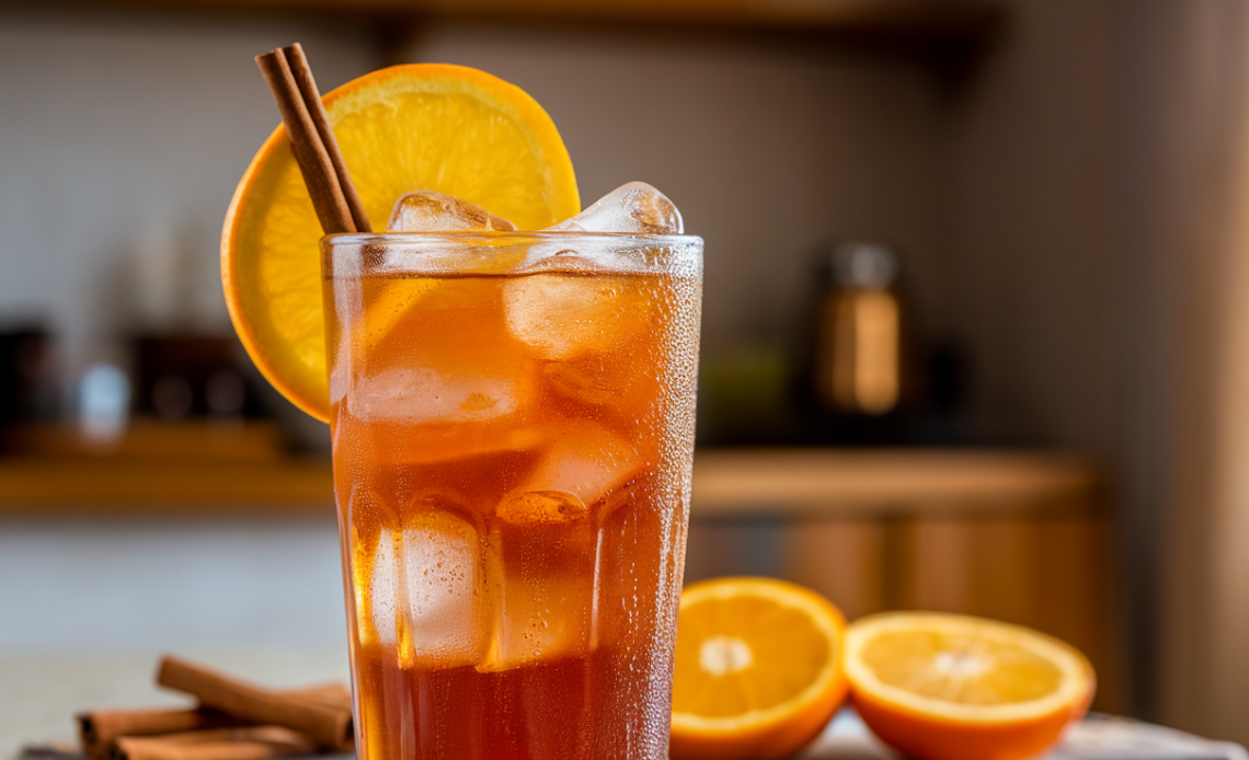 Refreshing glass of iced tea with orange slices and cinnamon sticks, garnished with mint leaves.