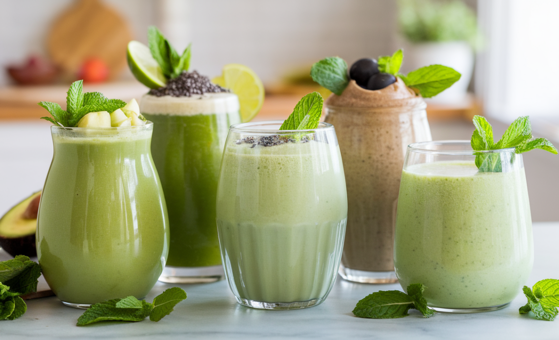 A collection of three mint smoothies in glasses, garnished with fresh mint leaves, showcasing vibrant green colors, served on a wooden table.