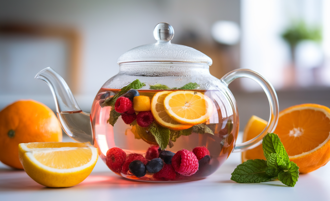 A glass teapot filled with fruit-infused herbal tea surrounded by fresh citrus slices, berries, and mint leaves.