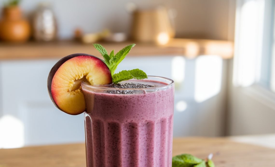 A glass of vibrant purple plum smoothie garnished with a fresh plum slice and mint, placed on a light wooden table.