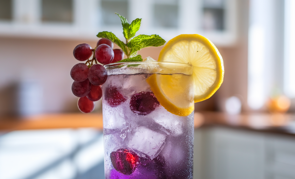Refreshing Grape Lemon Soda in a glass with ice, garnished with a slice of lemon and grapes.