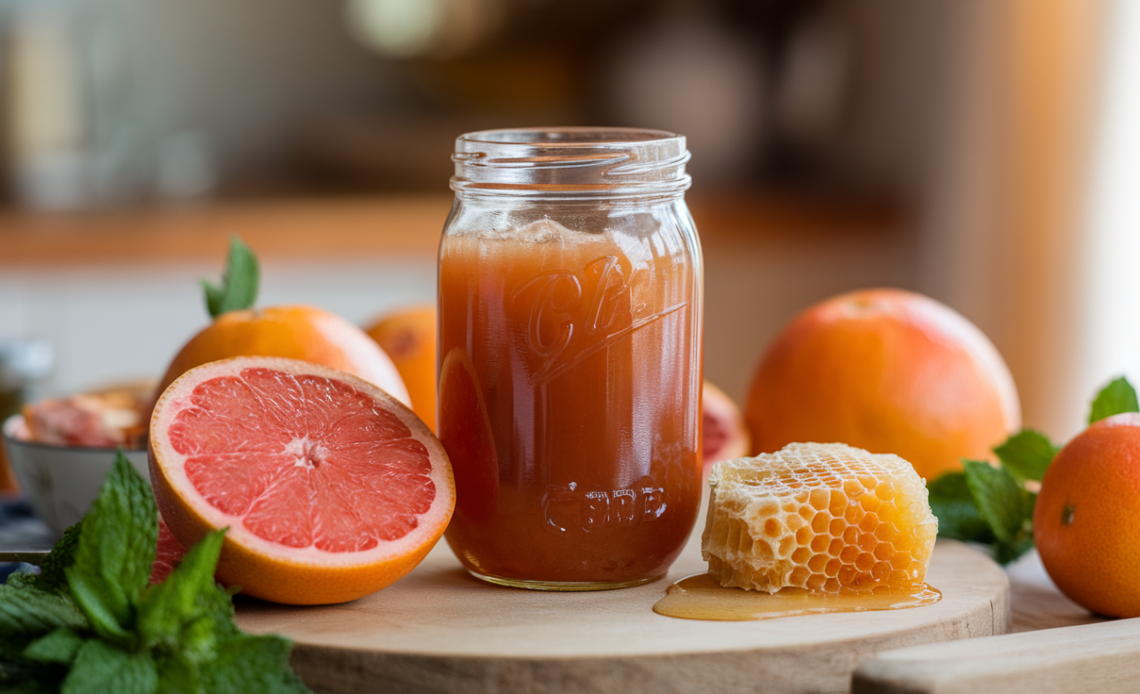 A jar of grapefruit honey cheong syrup, with fresh grapefruit slices and a wooden honey dipper placed beside it.