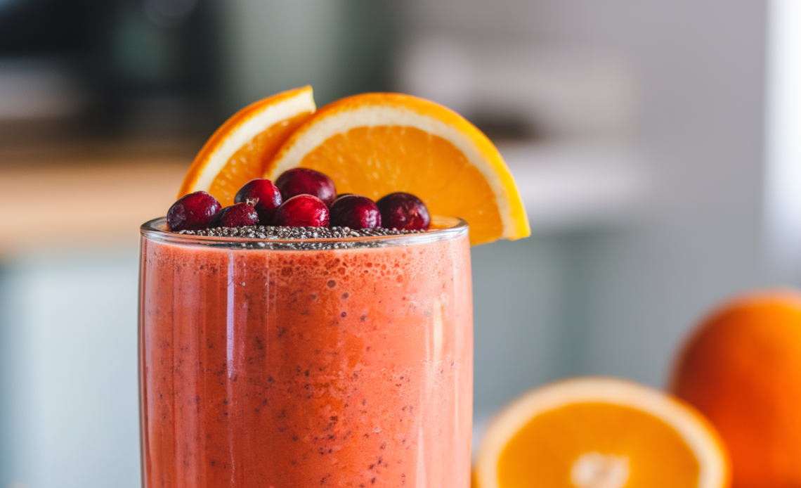 A refreshing and vibrant cranberry orange smoothie in a glass, garnished with fresh cranberries and an orange slice, served on a wooden table.