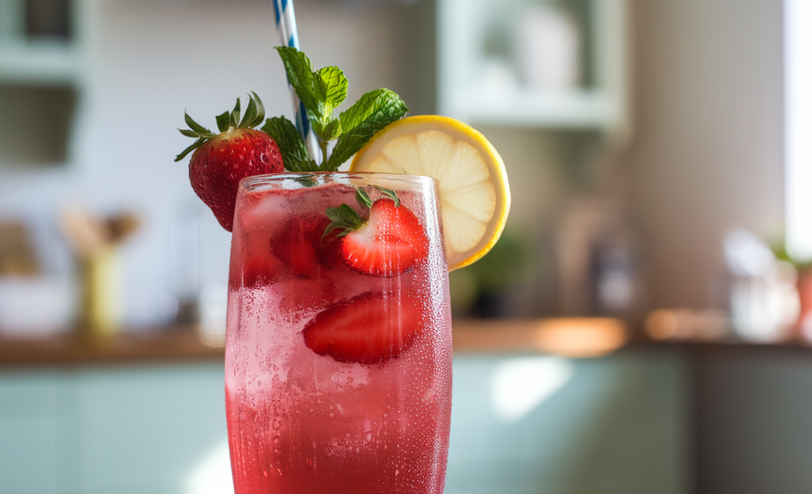 A refreshing glass of Hibiscus Tea Strawberry-Lemonade Refresher garnished with fresh strawberries and lemon slices, sitting on a wooden table.