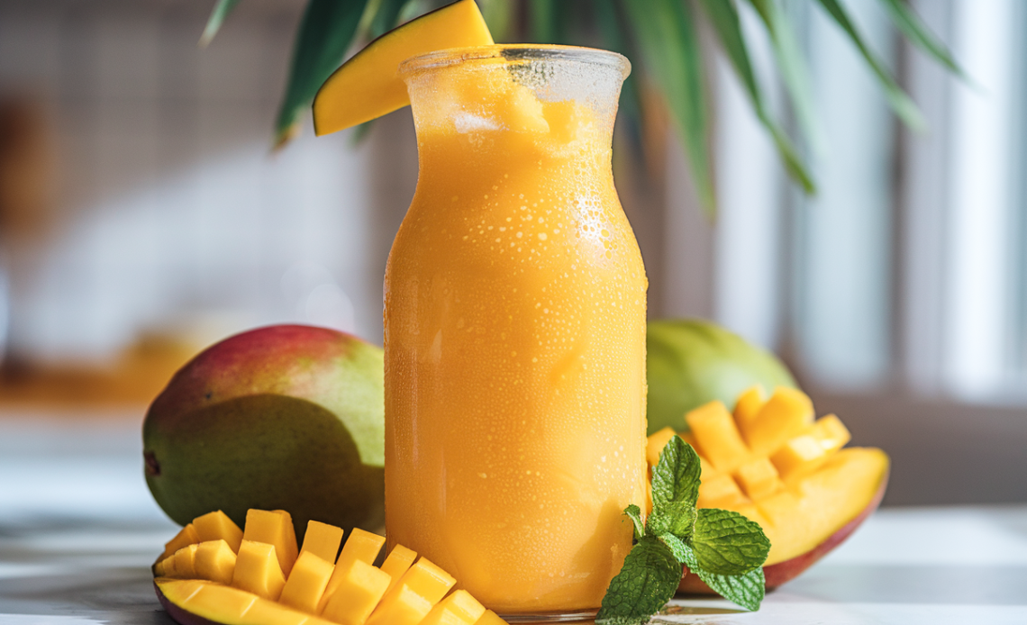 A glass bottle filled with bright yellow homemade mango drink, resembling Frooti, placed on a wooden table with fresh mangoes in the background.