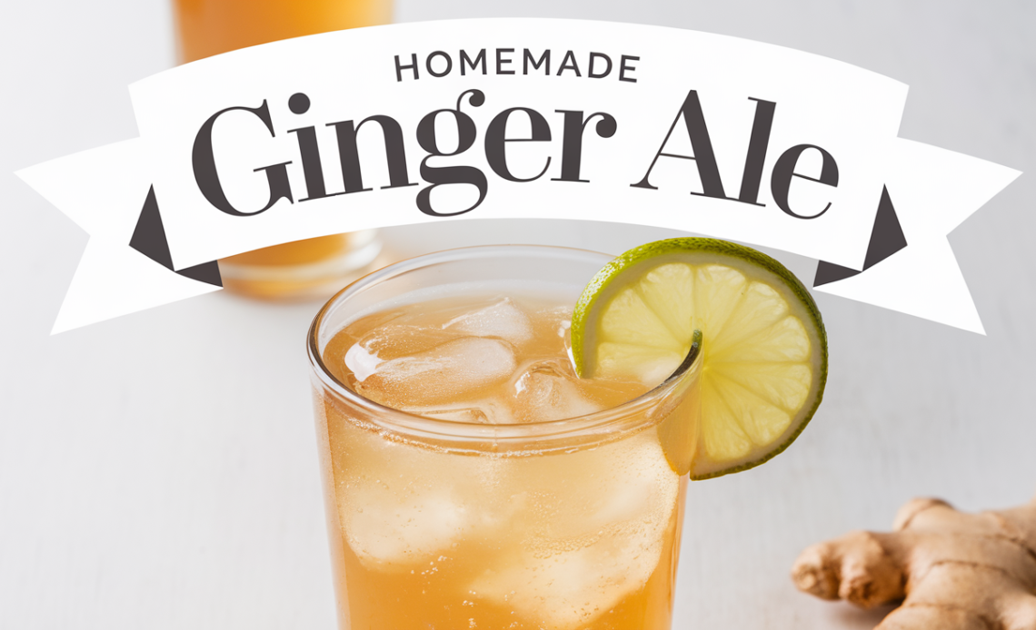 A glass of homemade ginger ale with ice cubes and a slice of lime on the rim, served on a wooden table.