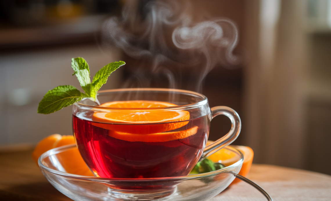 A steaming cup of hot hibiscus orange tea, surrounded by vibrant hibiscus flowers and orange slices.