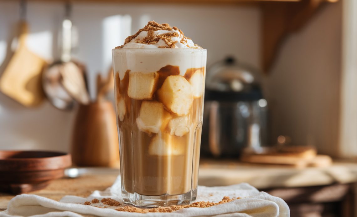 A refreshing glass of Iced Apple Crisp Nondairy Cream Chai, garnished with a cinnamon stick and apple slices, showcasing the blend of warm spices and chilled, creamy texture.