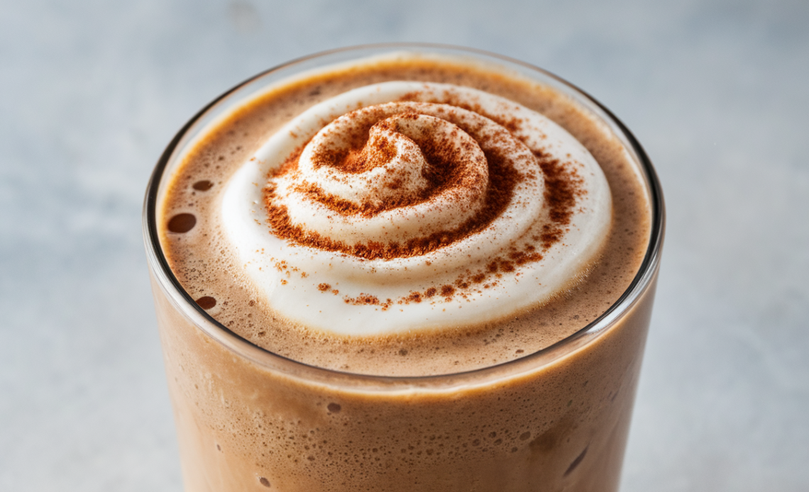 A refreshing iced coffee breakfast smoothie served in a glass, topped with whipped cream, and garnished with a sprinkle of cinnamon. It’s a creamy, energizing drink perfect for breakfast.