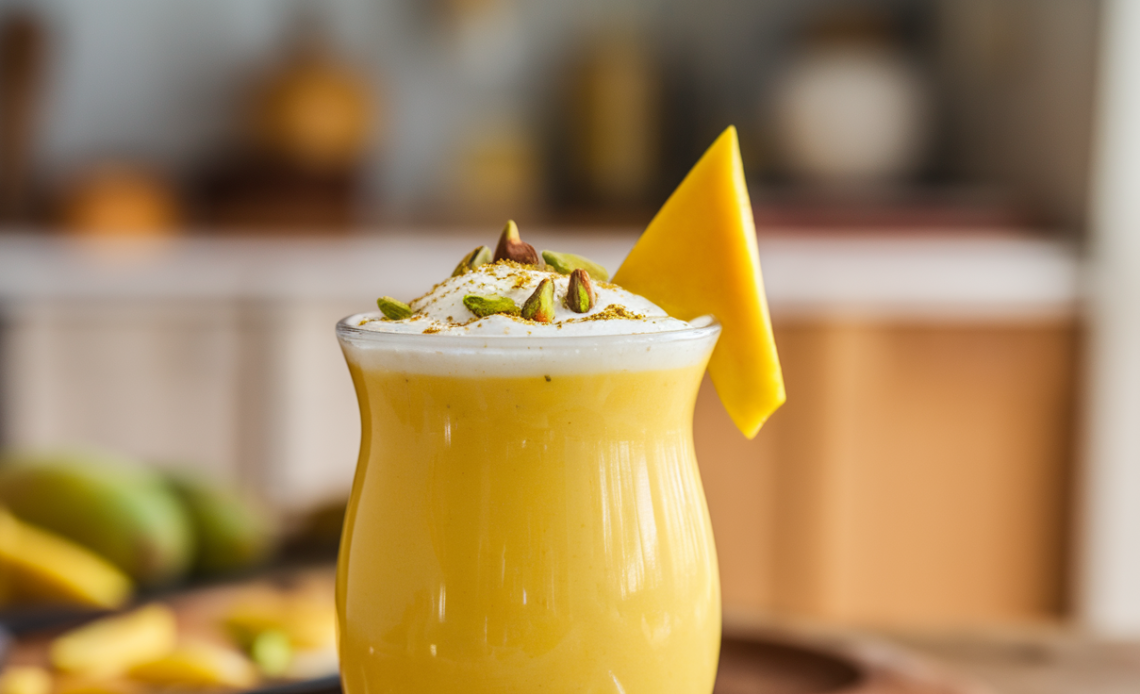 A refreshing glass of Indian Mango Lassi, a creamy yogurt-based drink with ripe mangoes, garnished with a sprinkle of cardamom.