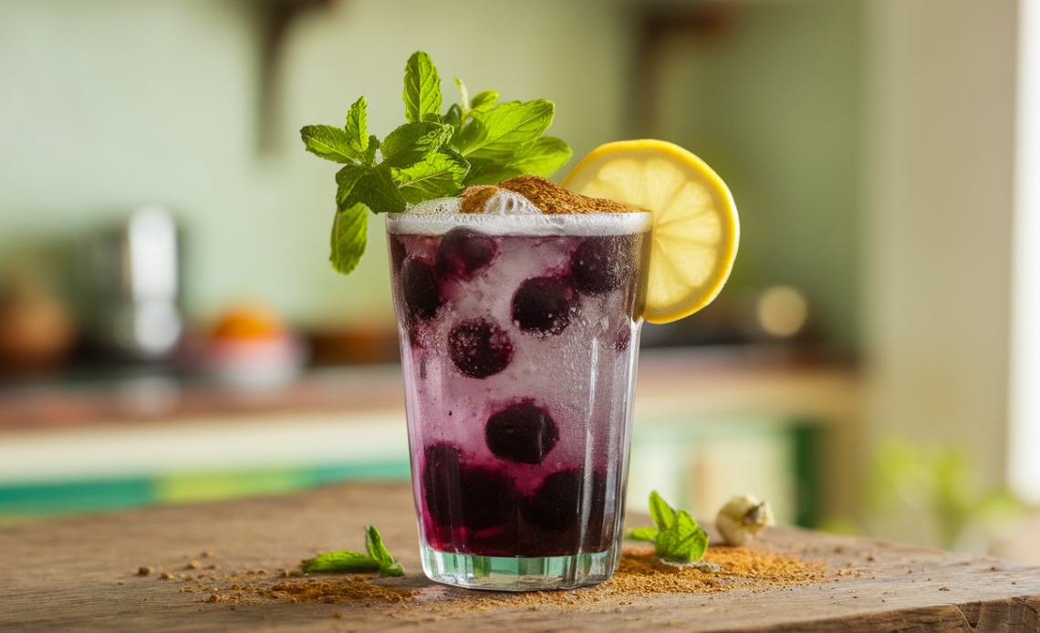 A refreshing glass of Jamun Jaljeera Fuljar Soda with a frothy top, garnished with mint leaves and a slice of lemon, served in a traditional glass on a wooden table with a splash of ice.