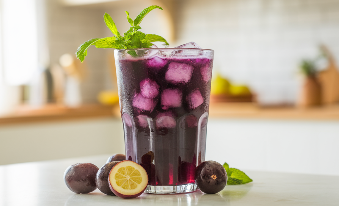 A glass of fresh, purple Jamun juice served with ice, surrounded by whole Jamun fruits and a sprig of mint.
