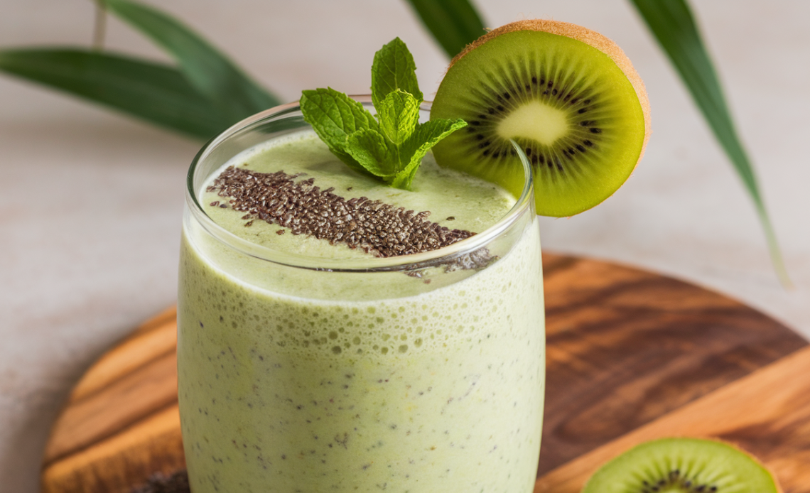 A refreshing kiwi smoothie in a glass, garnished with fresh kiwi slices, perfect for weight loss.
