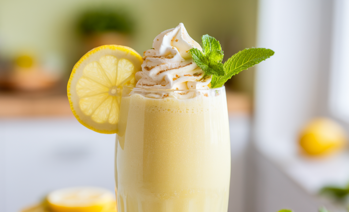 A refreshing lemon cream smoothie served in a glass, garnished with a lemon slice and mint leaves, with a creamy texture.