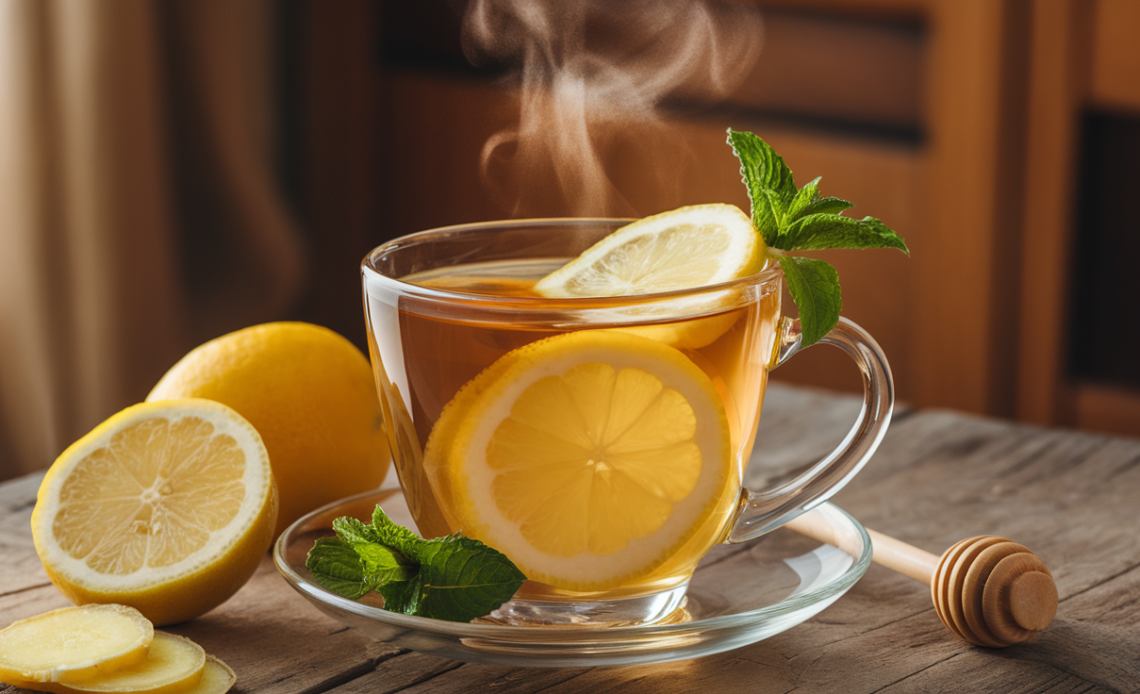 A warm cup of lemon ginger tea with a slice of lemon and fresh ginger on the side.