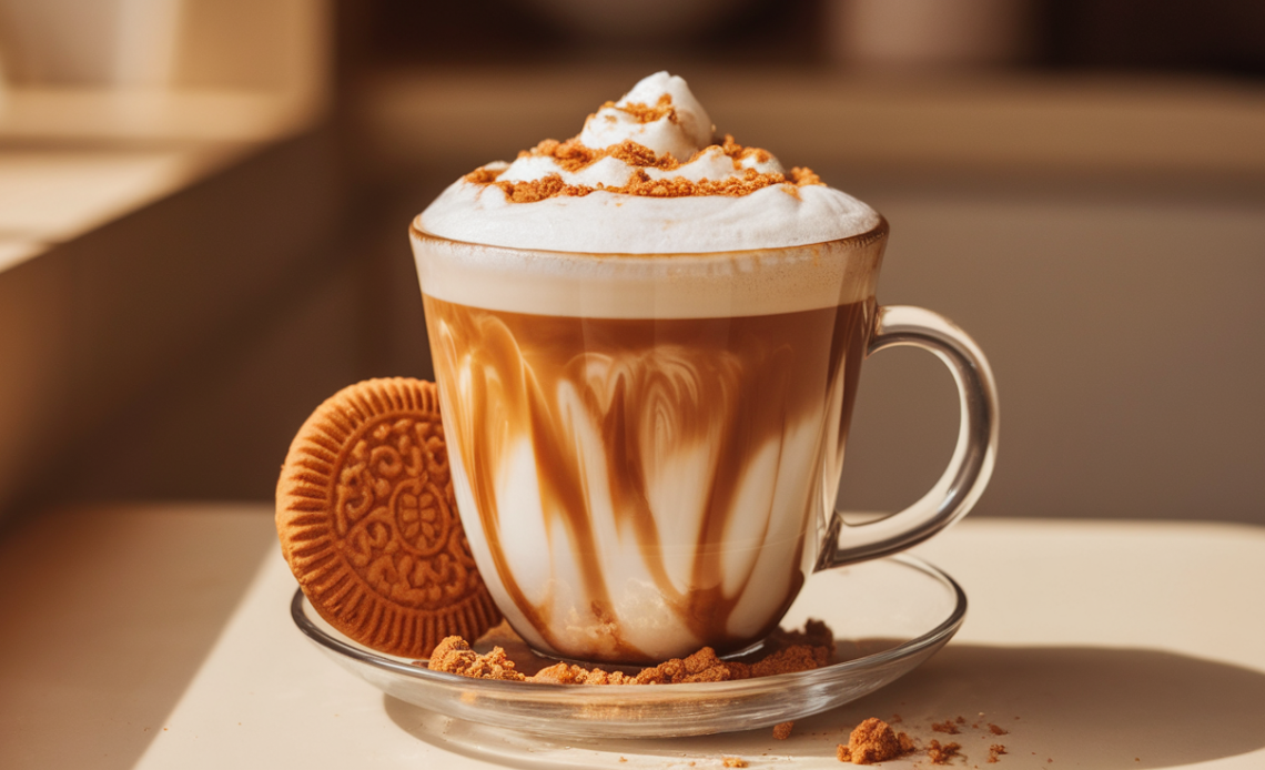 A creamy Lotus Biscoff latte topped with whipped cream and crushed Biscoff cookies in a glass mug.