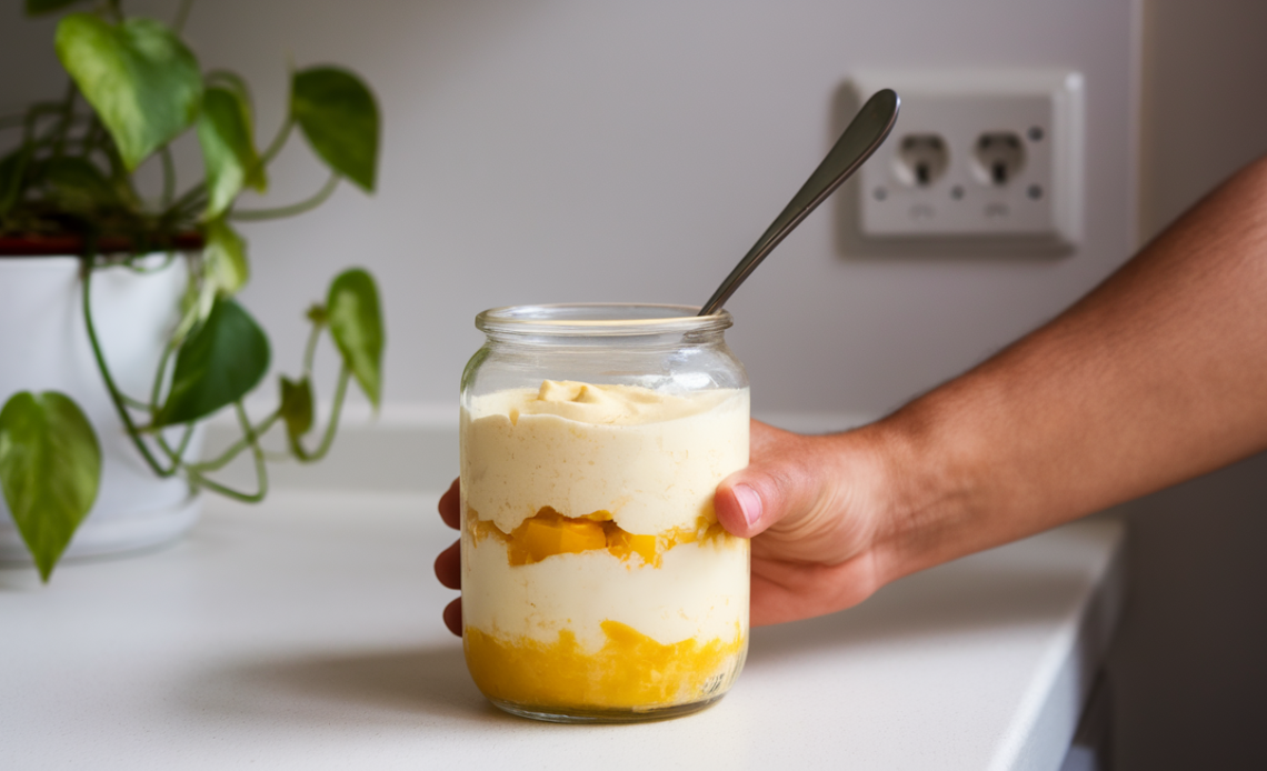 A bowl of mango blended oats topped with a smooth white chocolate shell, garnished with fresh fruit and a sprinkle of oats.