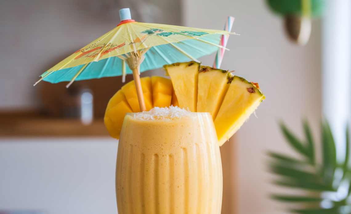 A refreshing Mango Colada Smoothie served in a glass with a slice of mango on the rim, topped with a small paper umbrella and a hint of coconut flakes.