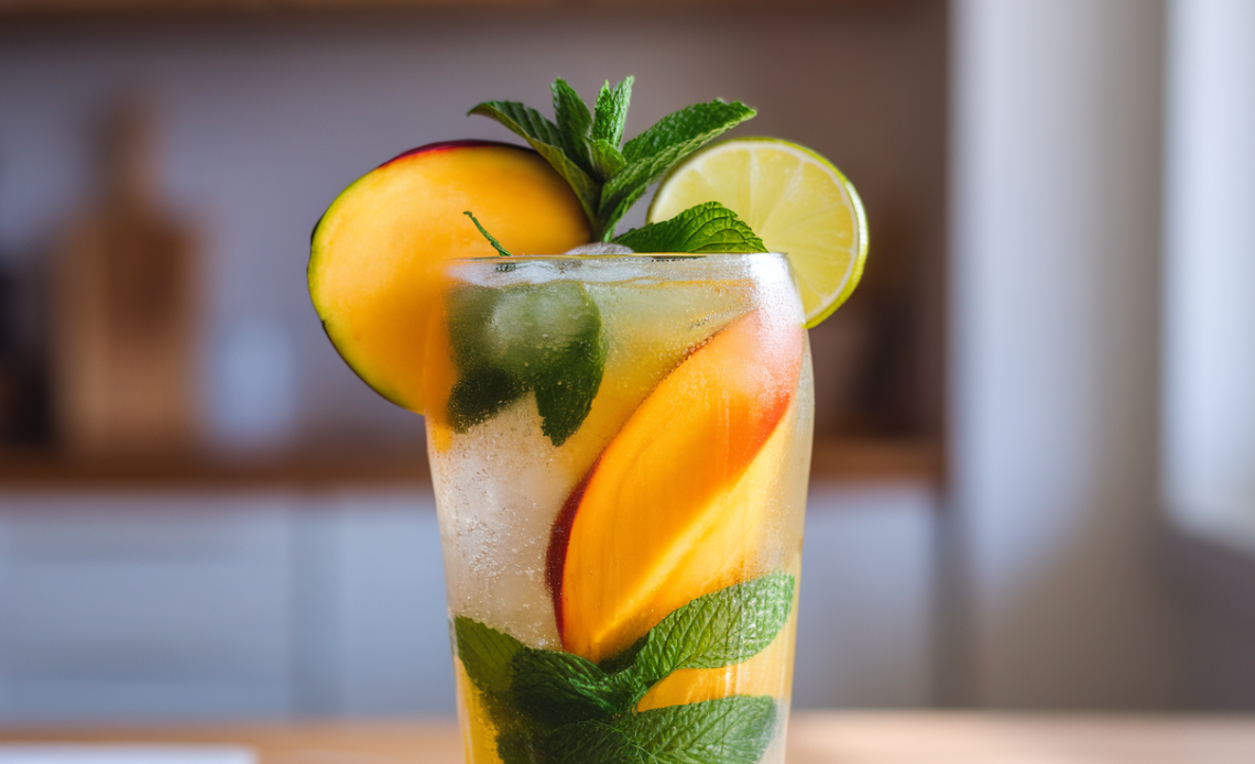 A refreshing Mango Mint Mojito in a glass with mint leaves, mango slices, and ice, garnished with a lime wedge.