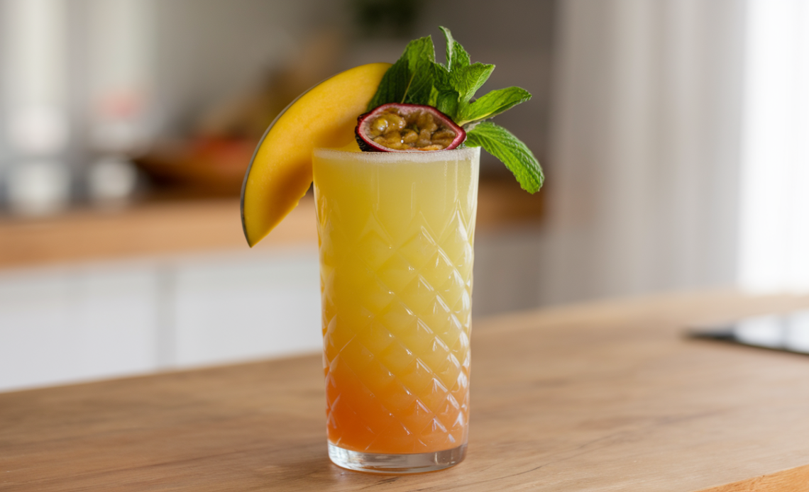 A refreshing glass of mango passion fruit mocktail served with a slice of lime and mint leaves on top, surrounded by fresh fruit ingredients.