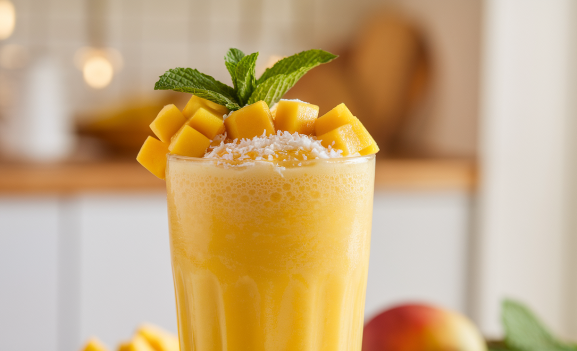 A creamy and vibrant mango shake served in a glass with a straw, garnished with a slice of mango and mint leaves.