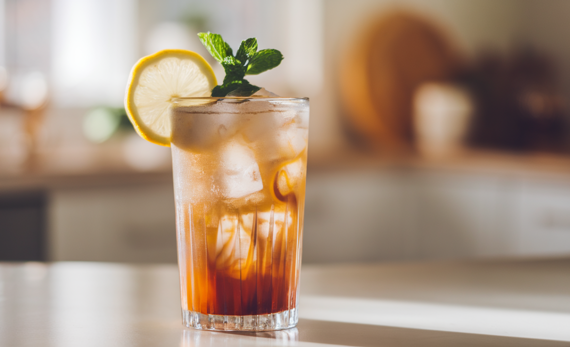 Maple Vanilla Iced Tea Mocktail in a glass with ice cubes, garnished with a cinnamon stick and a slice of orange.