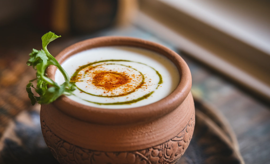 A refreshing glass of Masala Chaas (Spiced Buttermilk) served in a traditional glass, garnished with fresh coriander and a sprinkle of cumin powder, with a vibrant yellow color.