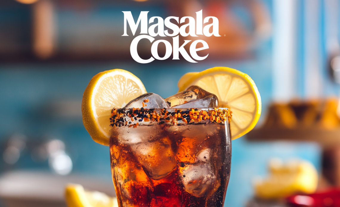 Masala Coke served in a glass, topped with a sprinkle of spices, with a vibrant red color and garnished with fresh herbs.